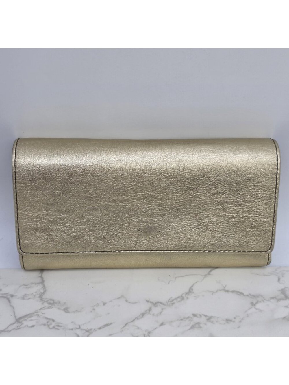 Fossil Wallet Gold Leather Trifold Zip Coin Checkbook Credit Card Organizer